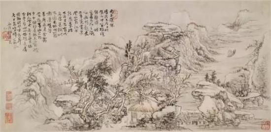 清·石溪《山水册》(之一),纸本设色,31.8×65厘米,大英博物馆藏