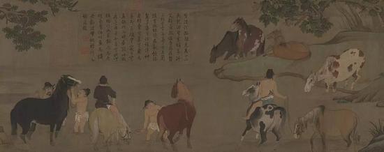 《浴马图》卷,元,赵孟頫绘,绢本,设色,纵28.5cm,横154cm|故宫博物院藏