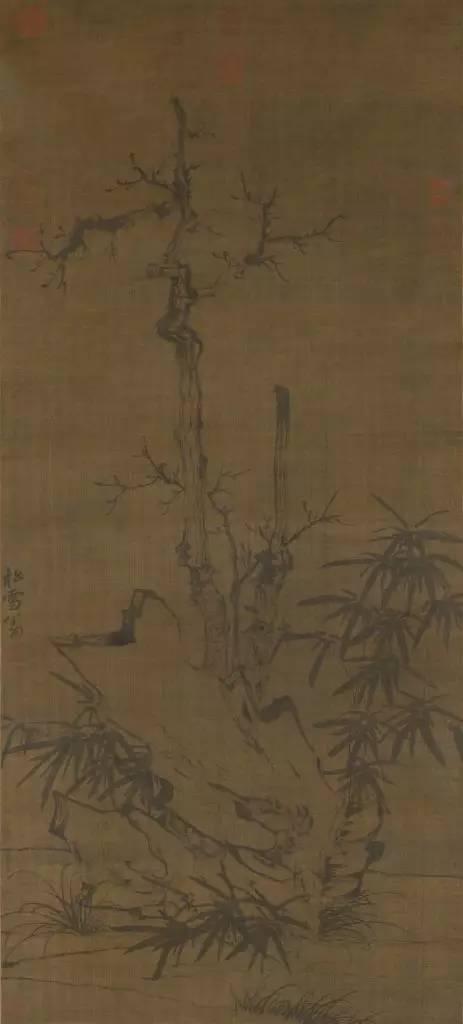 《古木竹石图》轴,元,赵孟頫作,绢本,墨笔,纵108.2cm,横48.8cm。|本幅署款“松雪翁”三字。钤“趙子昂氏”、“松雪齋”印二方。|故宫博物院藏