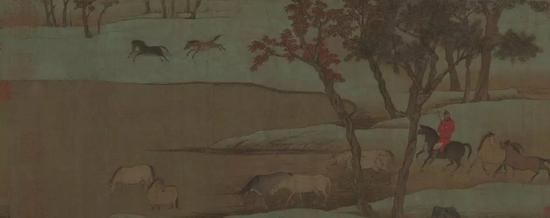 《秋郊饮马图》卷,元, 赵孟頫作,绢本,设色,纵23.6cm,横59cm|故宫博物院藏