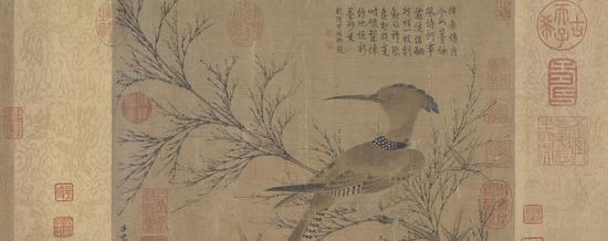 《幽篁戴胜图》卷,元,赵孟頫绘,绢本,淡设色,纵25.4cm,横36.2cm。|故宫博物院藏