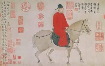 《人骑图》卷,元赵孟頫绘,纸本设色,纵30cm,横52cm。《石渠宝笈续编》著录 贮淳化轩 七玺全|故宫博物院藏