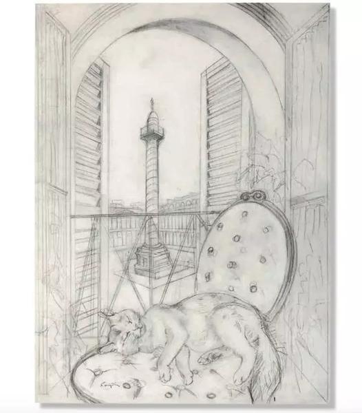 藤田嗣治 《旺多姆广场》 1951 年作 铅笔纸本 66.3 x 48.8 cm。