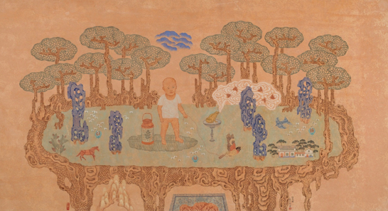 潘信华,《溜鸟图》,纸本水墨设色,96.5×175.8cm,2016。图片:致谢亚洲艺术中心