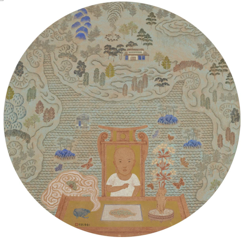 潘信华,《隔江山色》,纸本水墨设色,直径76.5cm,2016。图片:致谢亚洲艺术中心