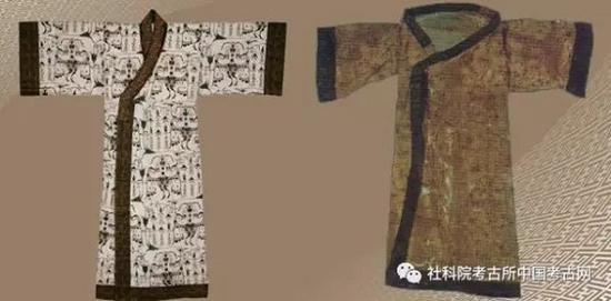 江陵马山1号楚墓N10凤鸟花卉纹绣浅黄绢面绵袍(左:复原件、右:原件)
