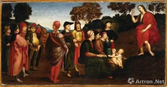 拉斐尔·桑西,《施洗者圣约翰布道》,27 x 53cm, 布面油画,1505-1509