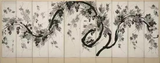 崔奭煥(浪谷)笔葡萄图屛风 朝鲜1879年 纸本水墨 123.0×348.0cm 韩国国立中央博物馆 藏 본관7961