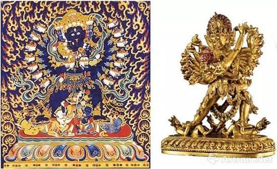 (左)明永乐 喜金刚刺绣唐卡(局部) 西藏拉萨布达拉宫藏 (右)明永乐 铜鎏金吉祥喜金刚 (侧面)