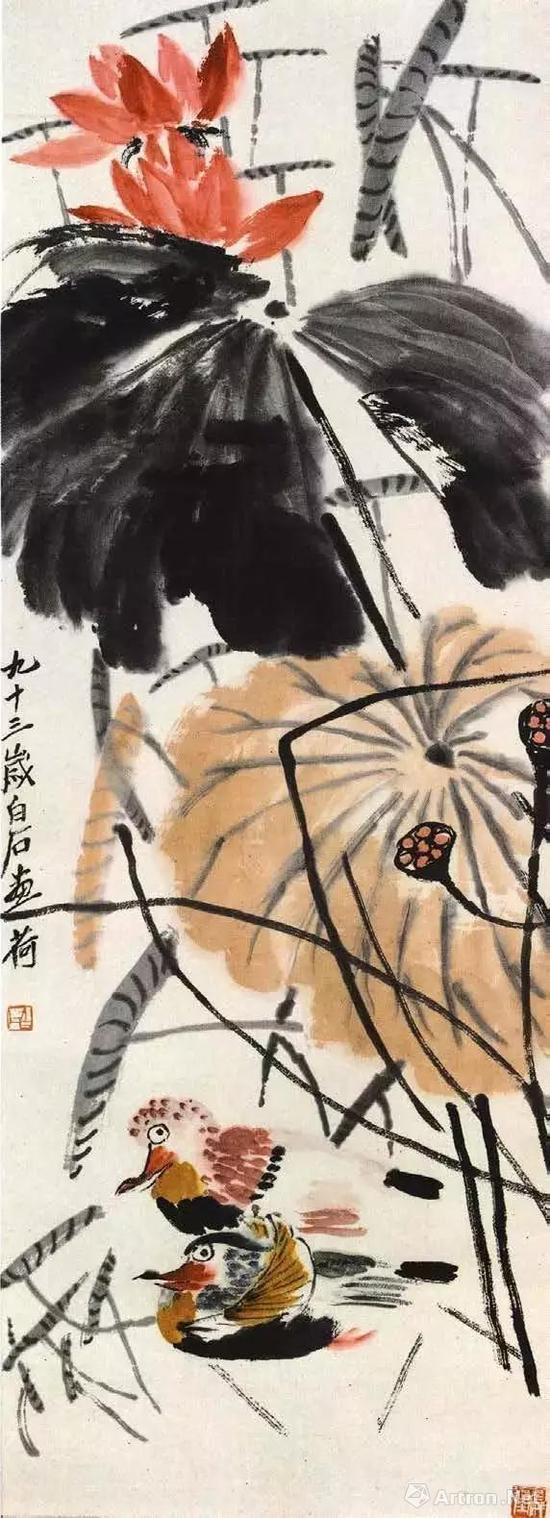 齐白石 荷花鸳鸯图轴(真迹)