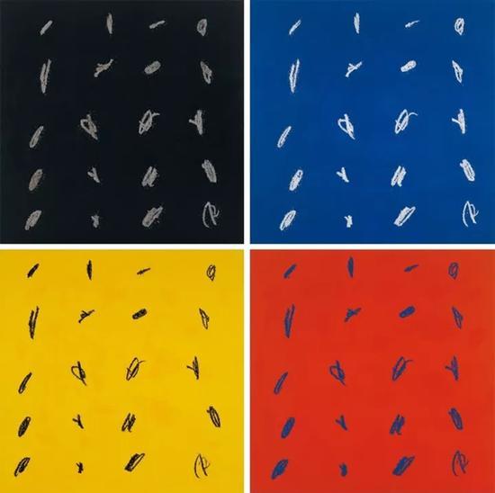 LOT 182叶永青(b.1963)涂点系列(黑蓝黄红)四幅布面油画 1997年200×200×4cmRMB:1,400,000-2,000,000