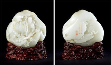 拍品编号2045 WHITE JADE ORNAMENT 顾永骏、顾铭 和田玉籽料‘人寿年丰’山籽雕