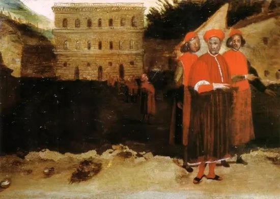 Palazzo Pitti早期的外貌,前景三人中,中间一位是Luca Pitti