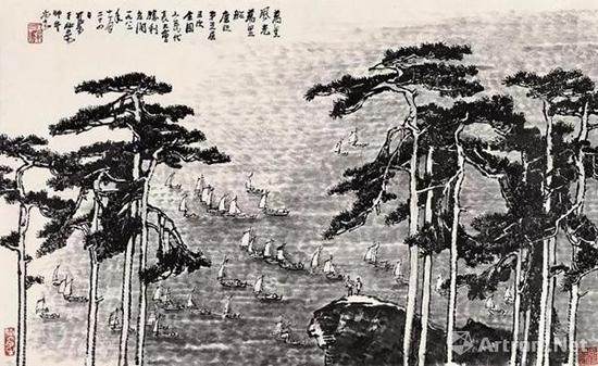 李可染 万里风光万里船 镜心 水墨纸本 1982年作 48×79 cm。