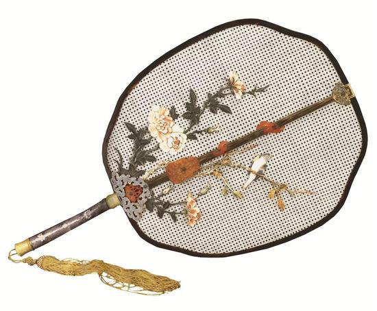(清)象牙编织嵌象牙染雕花花鸟画珐琅柄扇