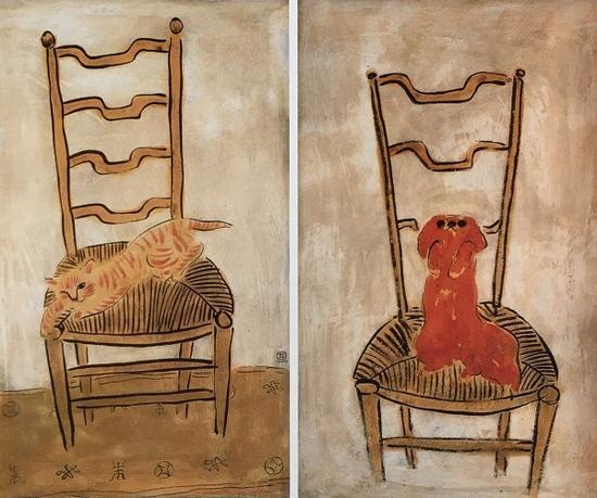 常玉,椅子上的猫(左),椅子上的北京狗(右),1930年代
