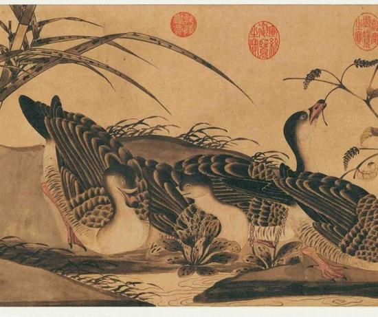 北宋 宋徽宗 《柳鸭芦雁图》局部 上海博物馆藏