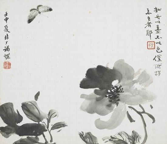 《张大千于非闇花卉草虫册 墨牡丹》