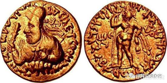 | 闫膏珍 1第纳尔金币 公元105-127 束带国王半身像。手持权杖。肩上有火焰(正) 湿婆手持三叉戟和狮皮裸身站像(反)