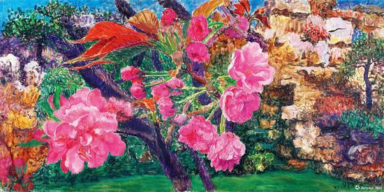 周春芽《晚樱与桃花》布面油画 2015年