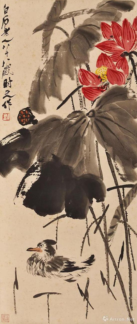 齐白石《荷花小禽》 1952年作 纸本设色 44×103厘米