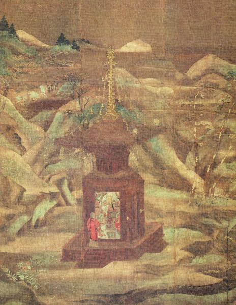 龙猛南天铁塔相承图 绢本设色179.2cm x 143.0cm 国宝《两部大经感得图》(2幅),日本平安时代保延2年(1136),藤原宗弘,前期展品 图片来源:藤田美术馆官网