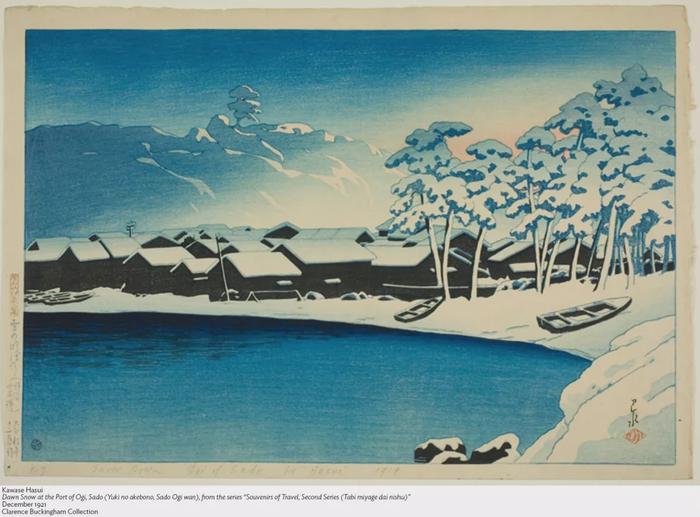 川濑巴水,《新泻港口的黎明雪景》,1921年,芝加哥艺术博物馆,馆藏编号:1929.420