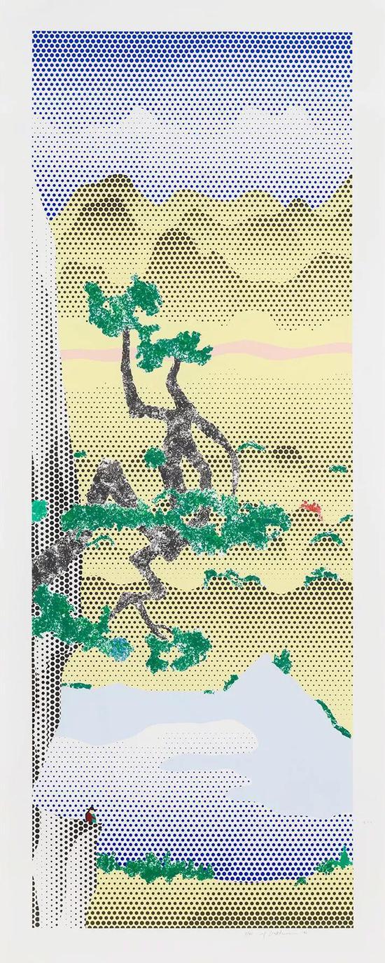 Roy Lichtenstein, Landscape with Poet, 1996, lithograph and screen print on lanaquarelle watercolor paper, 90 3/8 × 36 1/8 inches (229.6 × 91.8 cm), edition 7/60 © Estate of Roy Lichtenstein。 Photo: Rob McKeever。 Courtesy Gagosian
