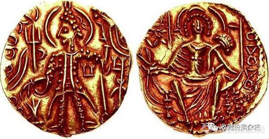 | 夏迦一世 1第纳尔金币 公元325-345 国王盛装站像(正)大地神阿多赫索女神坐像(反)