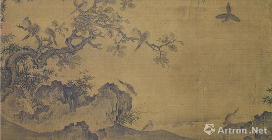 宋 黄居寀 竹石锦鸠图 绢本设色 23.6×45.7厘米 台北故宫博物院藏