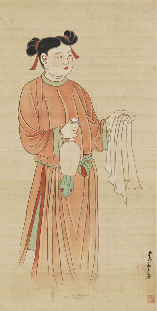 《张大千摹敦煌莫高窟第一三八窟近事女》