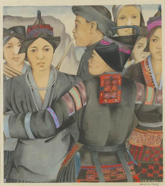 厐薰琹,《苗族之舞》,纸本墨彩,34.5×29.8cm,1949,中央美术学院人文学院