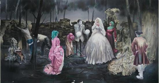 王雷 《关于婚姻》 布面油画 3×1.6m 2017