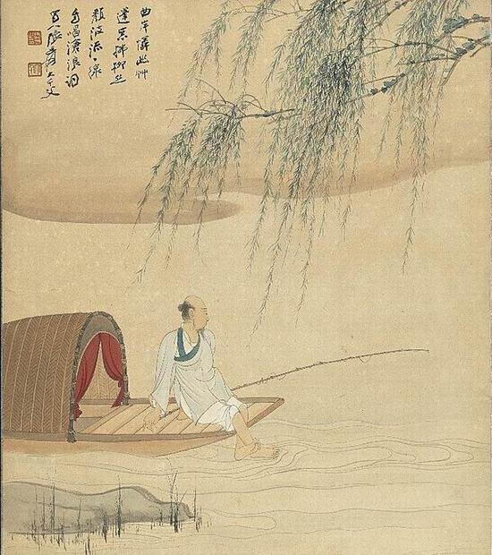 《柳荫独钓》张大千
