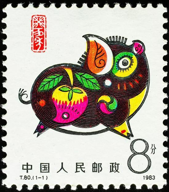 ▲韩美林设计的《癸亥年》(1983)特种生肖邮票
