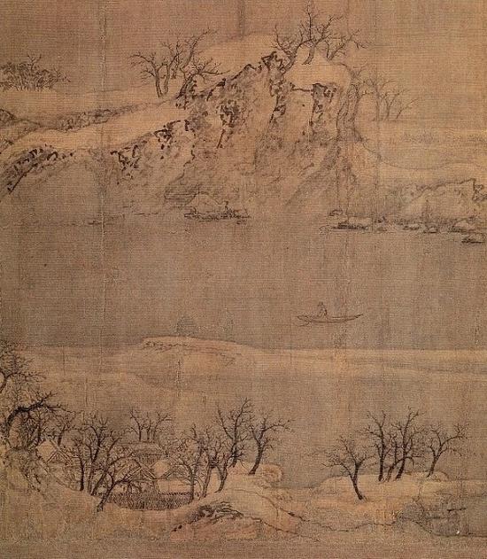 《雪江归棹图》全卷中央独行的渔父
