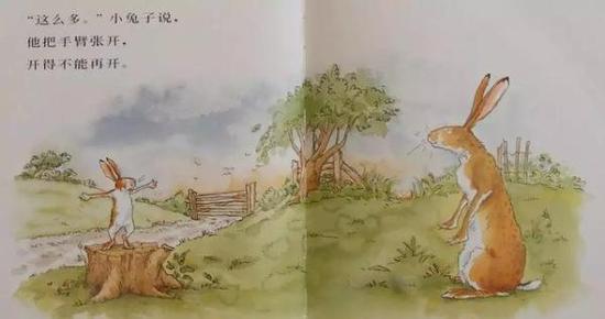 童书《猜猜我有多爱你》内页 原版(上),中文版(下)