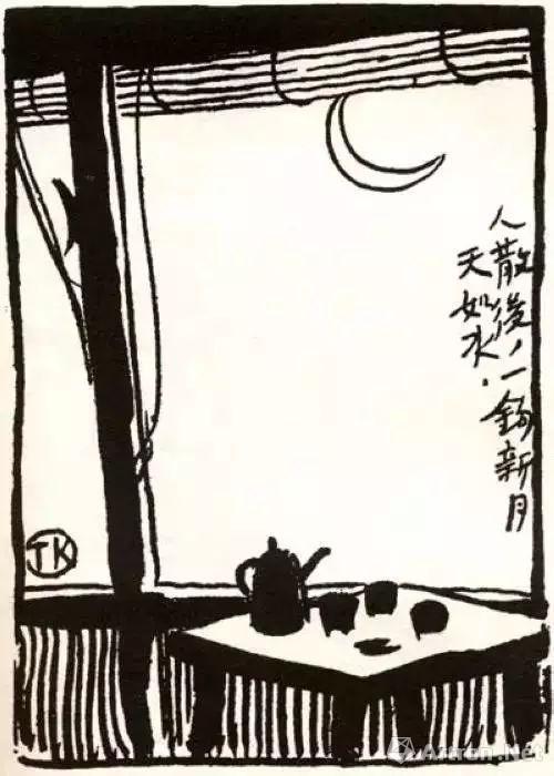 丰子恺第一幅公开发表的漫画作品 《人散后,一钩新月天如水》