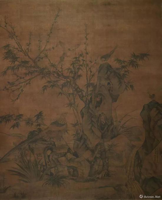 ▲王渊 桃竹锦鸡图轴 元至正三年(1343)绢本 墨笔