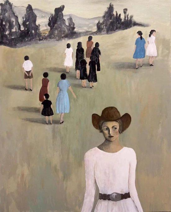 朱逸舟,《背道而驰的女孩》,布面综合材料,160 × 130 cm,2023