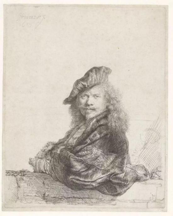 Self-portrait with the forearm leaning on a stone threshold, 1639。