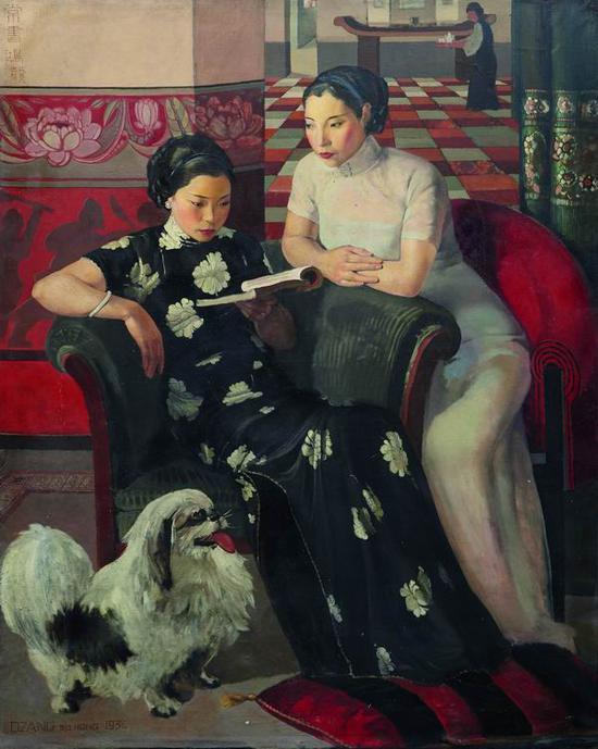 常书鸿,《客厅中的姐妹》,布面油彩,164x130厘米,1936年,龙美术馆