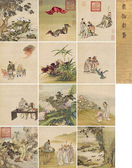 清代宫廷画家合绘《寿意图册》册页 (十二开) 32×29cm×12