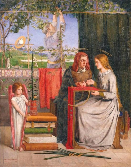 罗塞蒂,《玛利亚的少女时代》,1848-1849。这是罗塞特第一幅拉斐尔前派绘画。