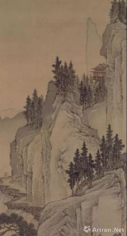 具有透视关系的树木与山石结合,制造了险峻的气质,也塑出了造型。