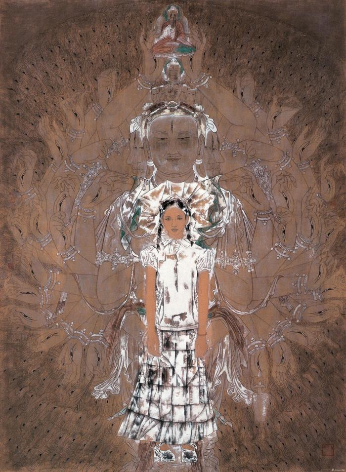 敦煌之梦-千手观音 唐勇力 绢本矿物色 140x220cm 2003年