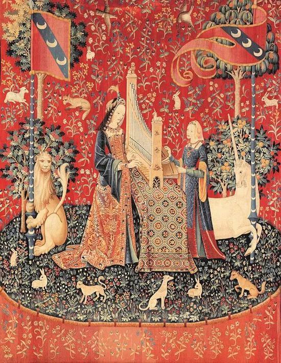 ▲ 壁毯画《少女与独角兽——听觉》(1484-1500)