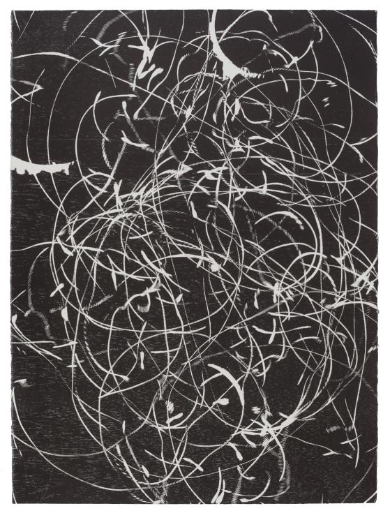 《时间与虫洞》,黑白木刻,56 × 76 cm,2019