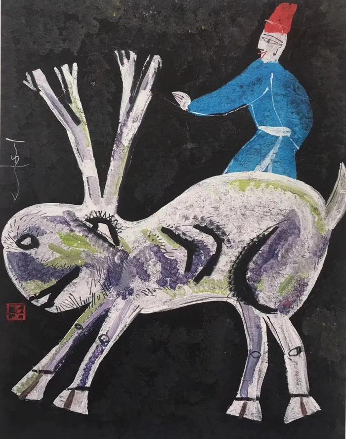 丁立人《人与兽系列之三十七》,100x130cm,重彩,2018
