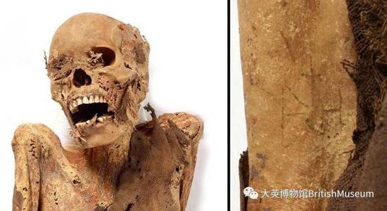 女性木乃伊(左)及纹身细节(右),苏丹,约公元700年